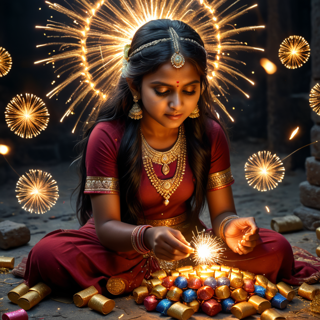 indian girl bursting sparkle crackers