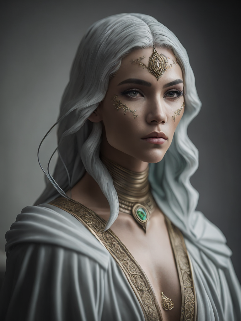 ultra detailed marble and jade sculpture of a female necromancer, skeleton face, volumetric fog, Hyperrealism, breathtaking, ultra realistic, ultra detailed, cyber background, cinematic lighting, highly detailed, breathtaking, photography, stunning environment, wide-angle