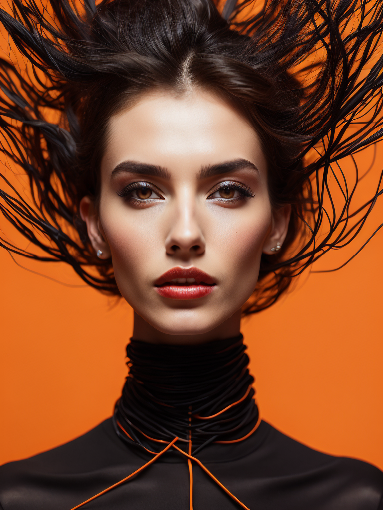 a fashion studio photo of a woman dressed in a black dress made of electrical wires, perfectly lit, solid orange background, Vivid saturated colors, Contrast color, studio photo, professional photo, Rich colors, Detailed image, detailed face