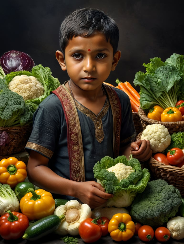 indian kid with vegetables