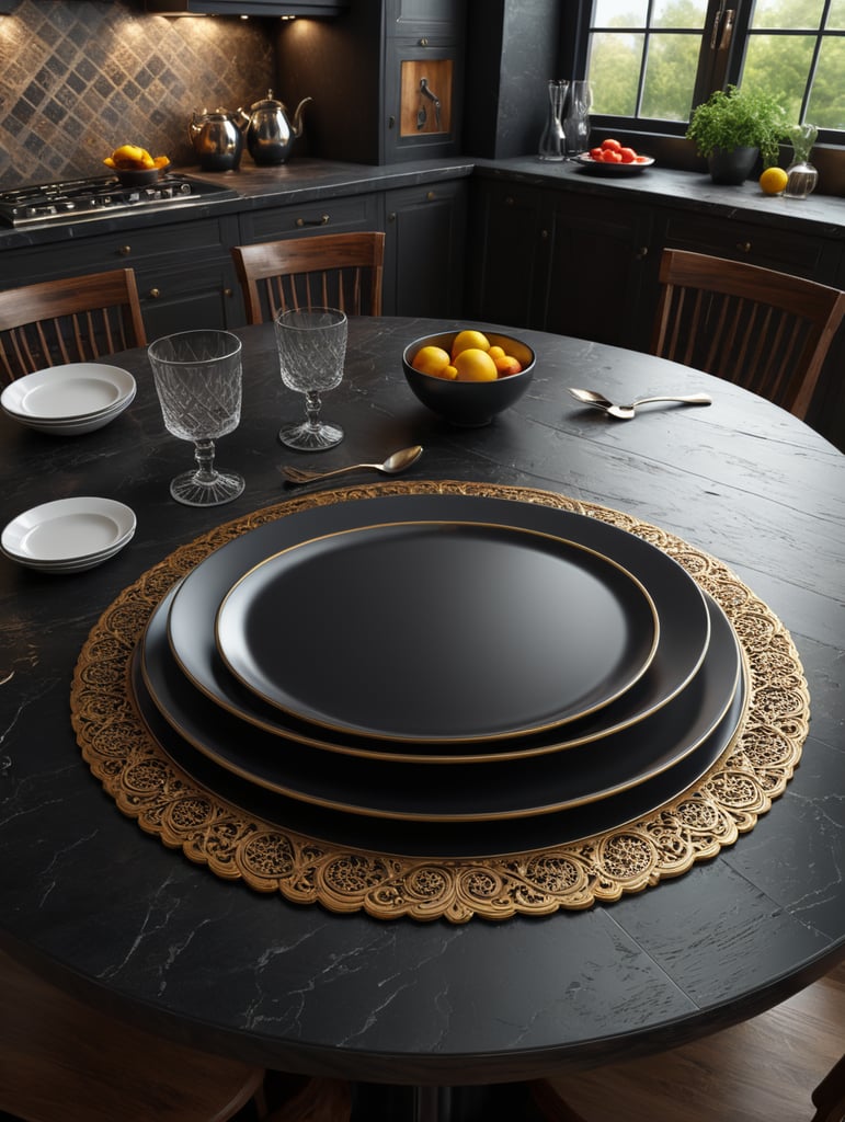 modern kitchen table, empty plate, mockup