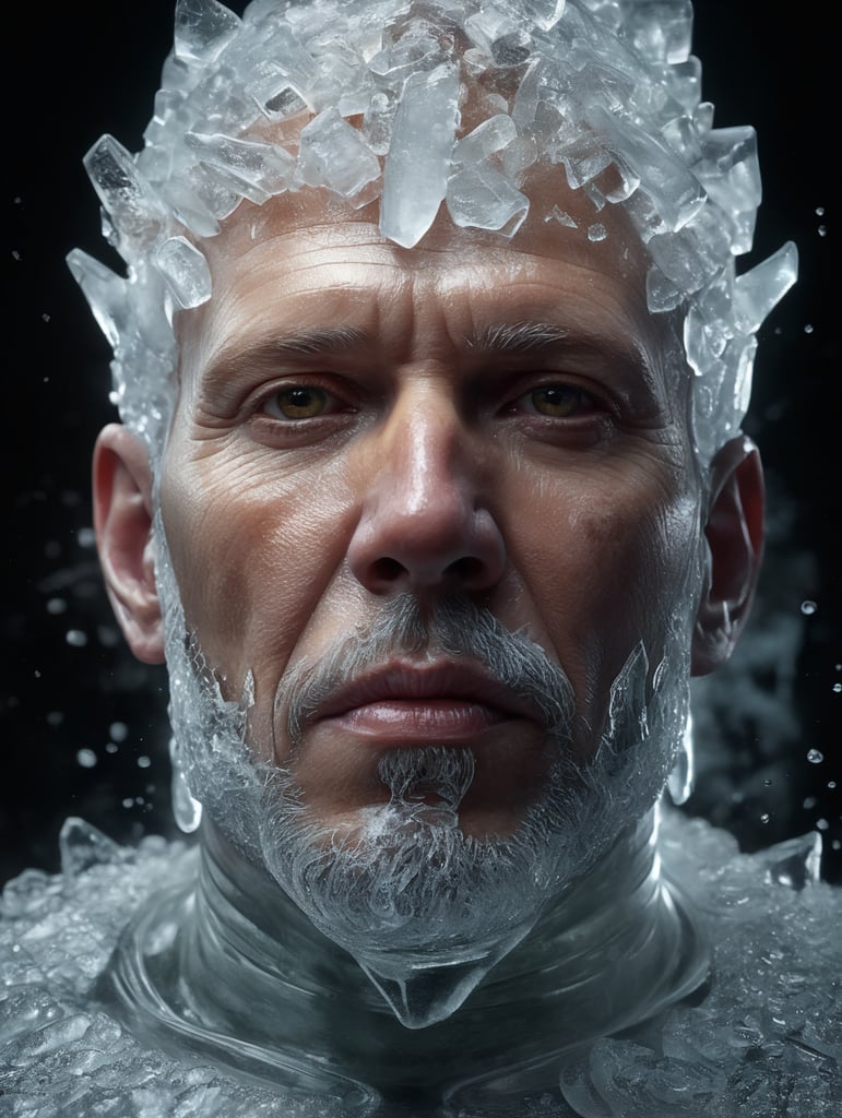Portrait of a Translucent man made from the ice, organs are visible through the ice
