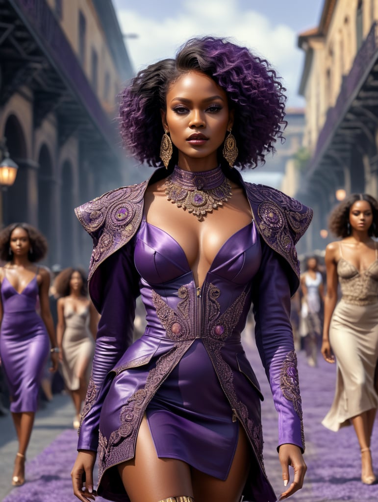 black women model walking on fashion runway wearing purple street style outfit, outdoor