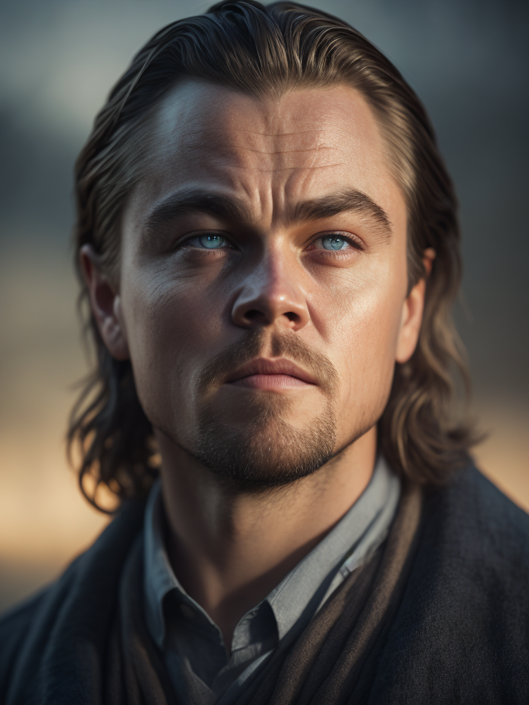 Portrait of Leonardo DiCaprio as the protagonist of The Revenant, contrasting light, detailed face, muted tones