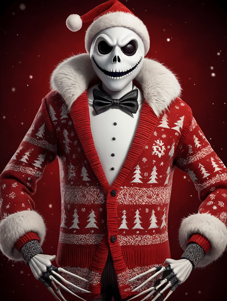 Jack Skellington standing wearing an ugly Christmas sweater red background copy space