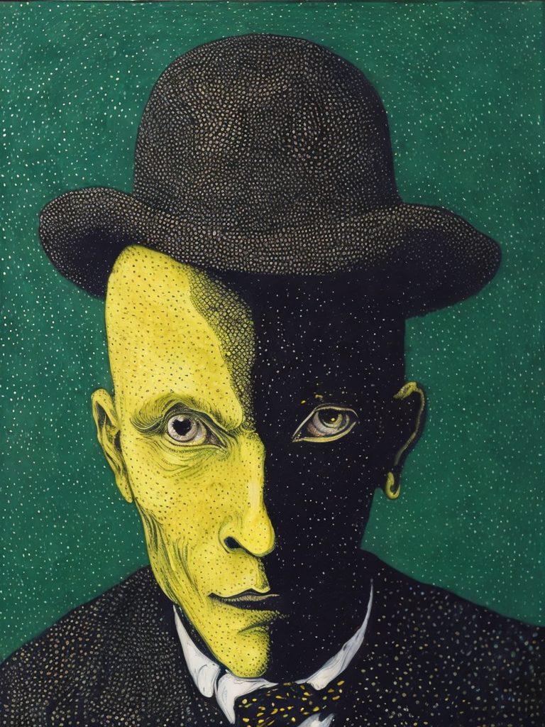 Fine Art Pointillism Surrealism Illustration, alien disguised as a human, Bernard Buffet, van Gogh, Vermeer, Erin Hanson, Pierre Soulages, National Geographic, textured depth, vibrant hyperrealism