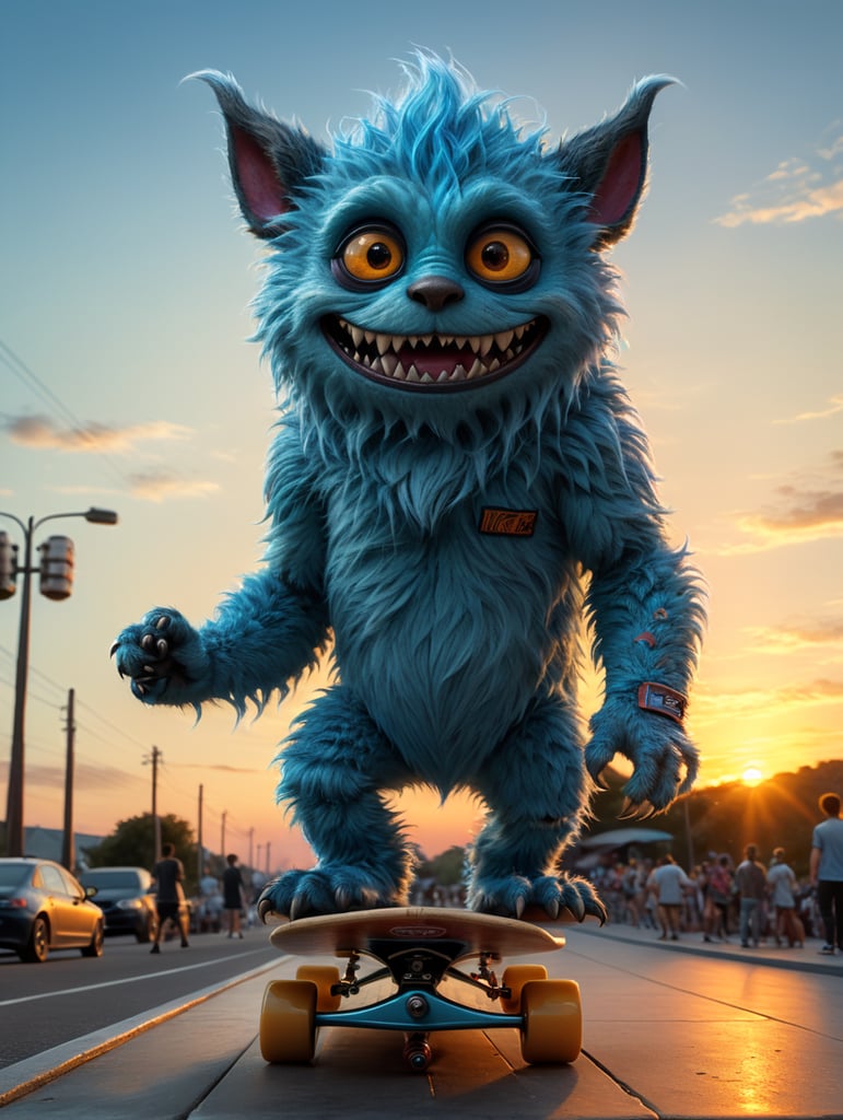 Mounstro pequeño peludo realista gigante de 6 metros azul claro que tenga apariencia amistoso visto de espalda a un lado de un mounstrito pequeño de 60 centímetros en patineta. Viendo un atardecer