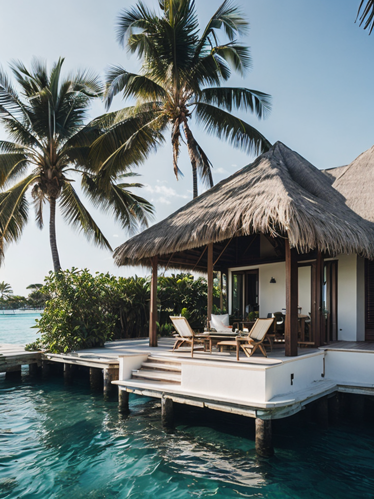Over water villa in the maledives with the sun shining and some palms