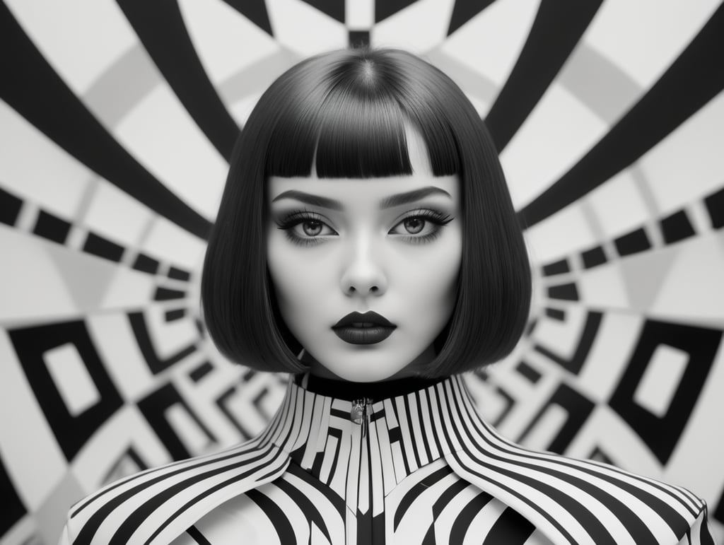 Cute girl model, retro futurist of high fashion, made in symmetrical black and white psychedelic style, black and white beauty, optical illusion, glitch art, flirty, shot on Canon