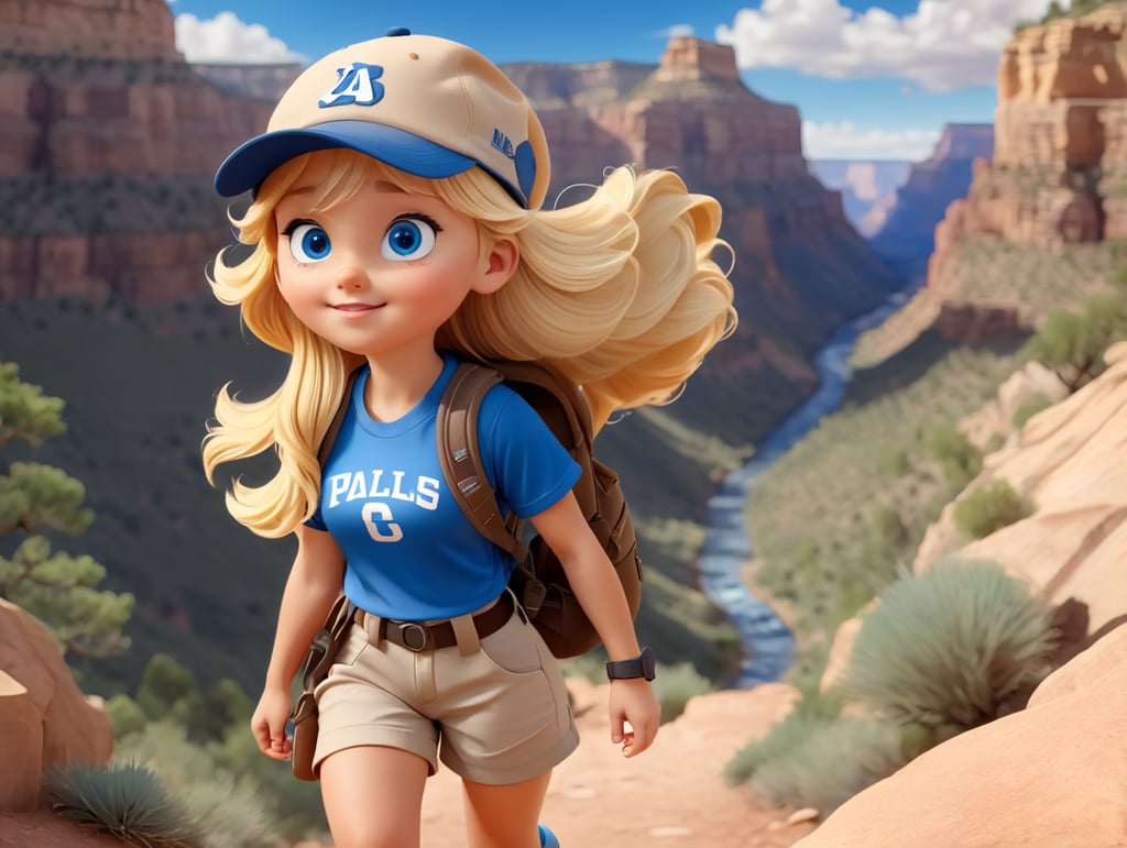A cute teen age girl with blue eye, a baseball hat and blonde hair hikes in the grand canyon with a fanny pack