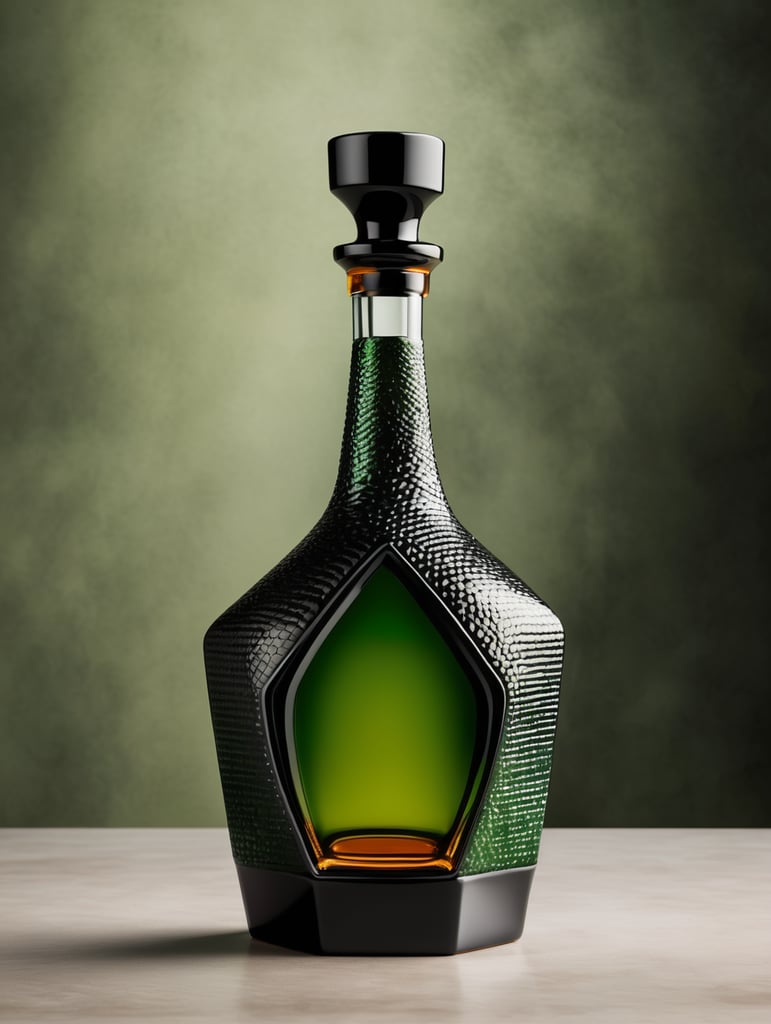 botella de tequila luxury de material ceramico negro con difuminado verde y ambar hexagonal y alta sin etiquetas, tapadera de con textura de basalto.