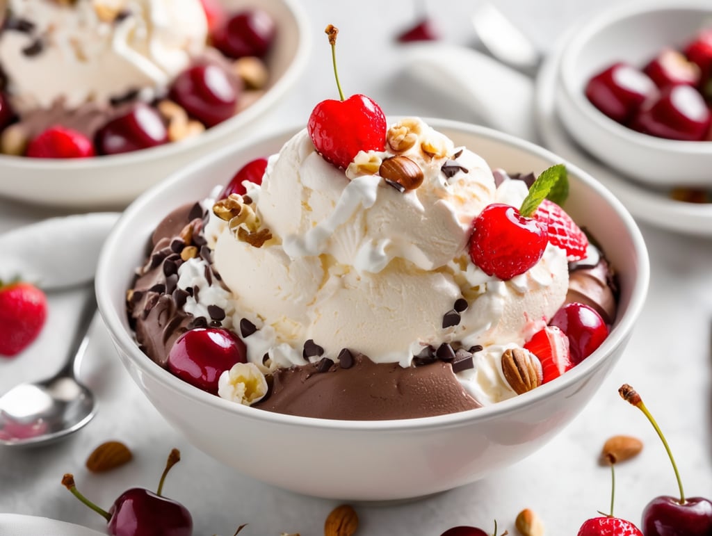 A bowl of ice cream with chocolate, vanilla, and strawberry flavors topped with whipped cream, nuts, and cherries