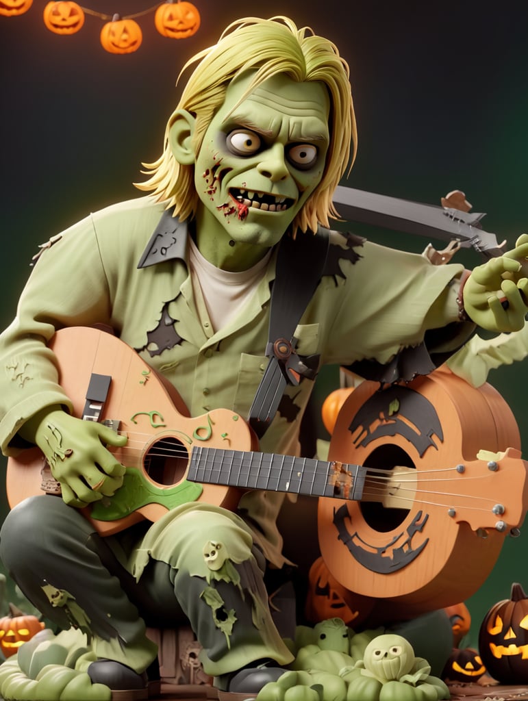 Kurt Cobain as a zombie, playing an acoustic guitar, green and black colors, Halloween style