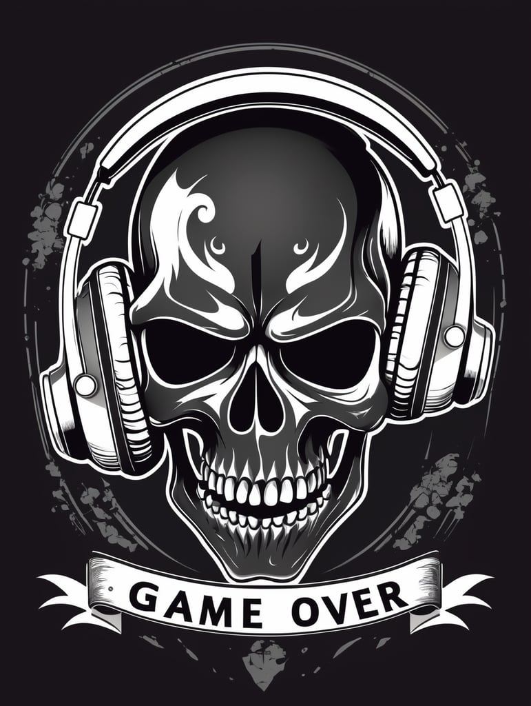 Black and white game over Skull Gaming Logo, vector illustration, vintage dead head or skull of gamer in headphones, vector image