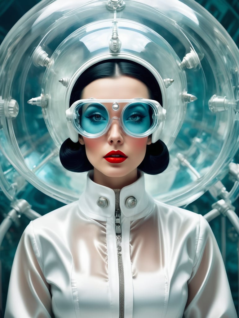 Photography in a vintage sci fi transparent space ship, 60's gorgeous nurse woman in a glossy satin white coat, wearing a large transparent plexiglass mickey mouse helmet glasses, 80 degree view, art by sergio lopez, natalie shau, james jean and salvador dali