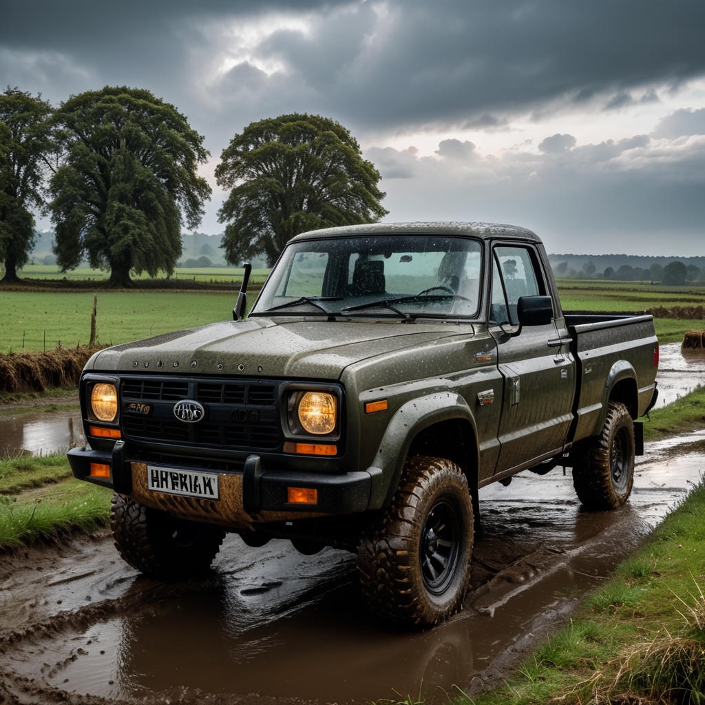 Tuned 4x4 pick-up, highly detailed, very muddy, in countryside landscape, rainy weather, cloudy sky, dramatic lighting