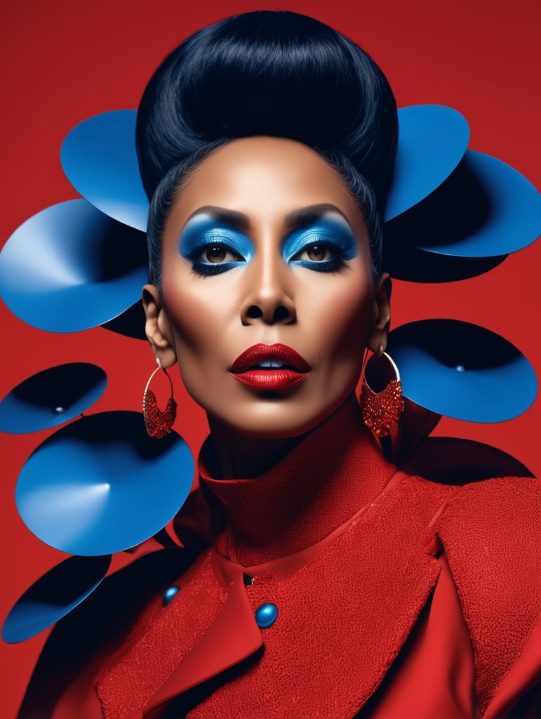 Donyale luna, avant-garde, simplygo, photoshoot spread, dressed in all red, blue background, harpers bizarre, cover, headshot, hyper realistic