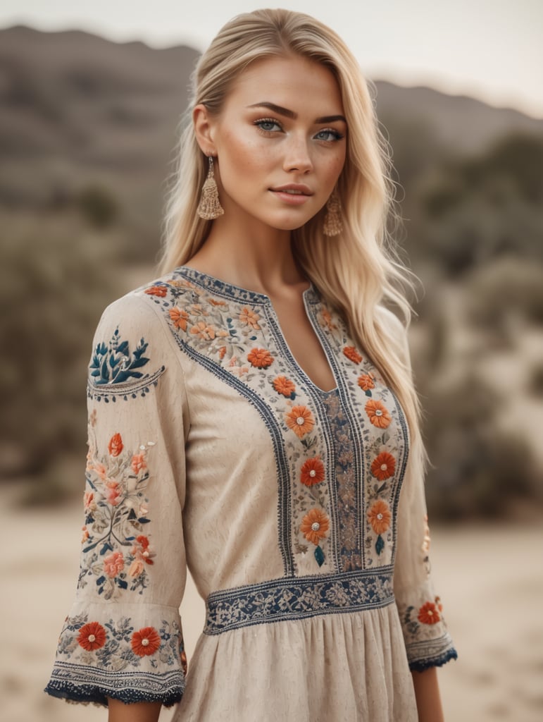 Beautiful blonde woman with freckles, wearing a detailed embroidered short dress, stunning 8k fashion photo, tan skin, ponytail