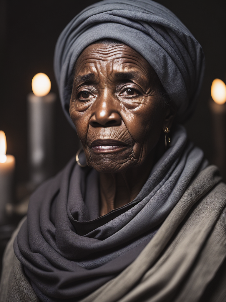 Intricate portrait of a very old African woman with wrinkles, illuminated by warm litted candles, with a backdrop of eerie dungeion . stunning interpretive visual, maximalist scarf and veil. f1.0lens, tilt-shift, shalllow DOF. dramatic lighting. chiaroscuro,