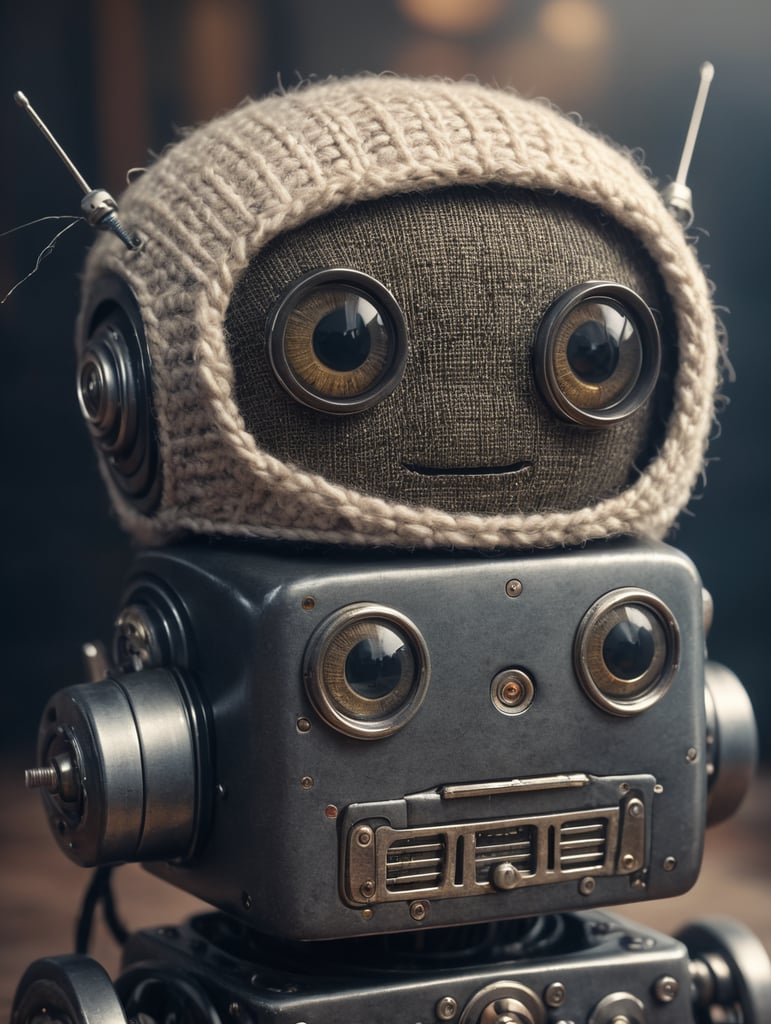 A cute little metal vintage robot, wearing clothes woven from wool. It has a big and cute eyes.