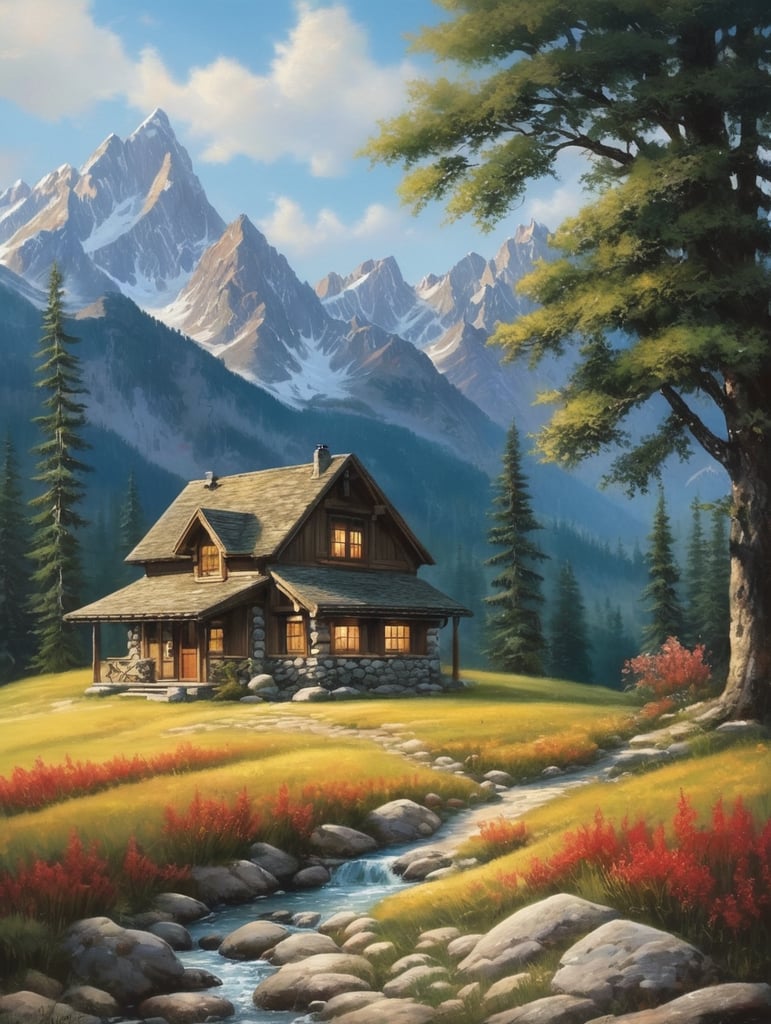 A rustic mountain retreat: This painting captures the charm of a cozy cabin nestled amidst the mountains. Tranquility in the peaks: The snow-capped peaks and the simple house create a scene of peace and tranquility. A longing for the mountains: This idyllic mountain cabin scene evokes a sense of longing for nature. Simple living in the mountains: The painting depicts a simple life surrounded by the beauty of the mountains. Fairytale mountain escape: This picturesque mountain cabin looks like something out of a fairytale.
