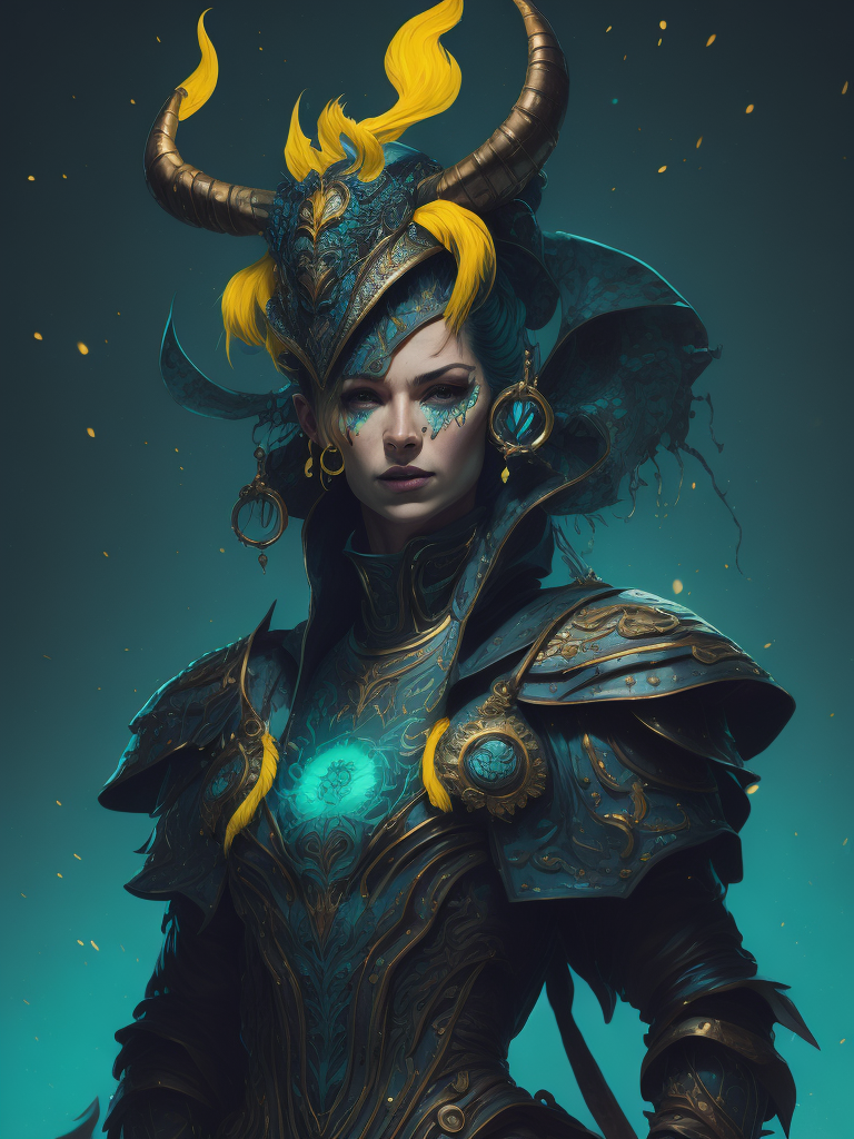 an original illustration by guy ym, in the style of vibrant color scheme, cosmic jester, teal and yellow, stylish costume design, multidimensional layering, duckcore, neon color palette