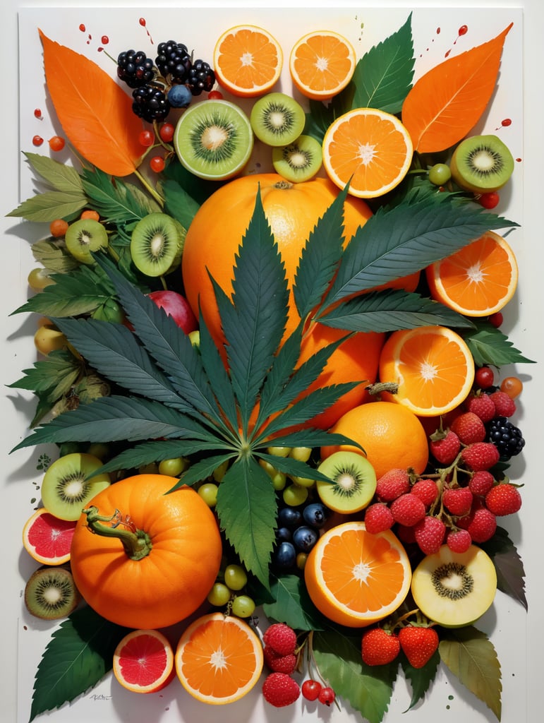 Cannabis leaf surrounded by exotic fruit, berries, and vegetables