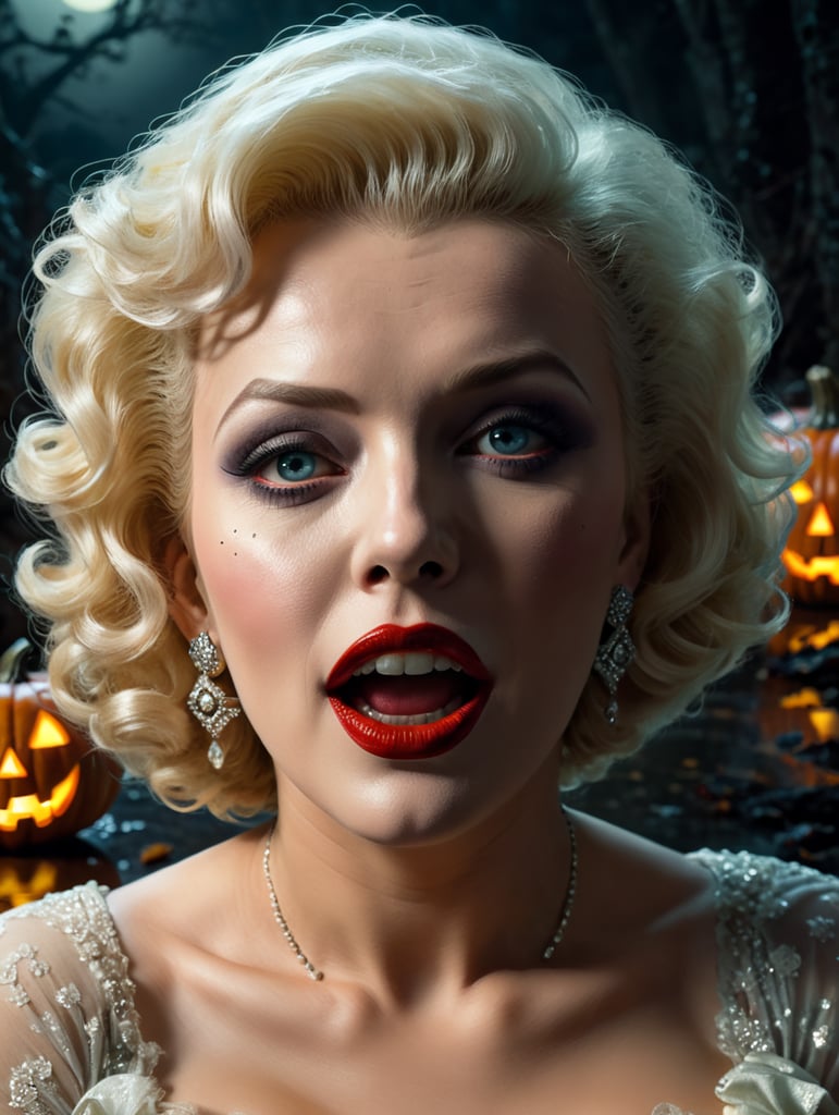 By George A. Romero, eerie Halloween night, Marilyn Monroe resurrected as a ghostly 1950s starlet, haunting old Hollywood set, surreal fear, Halloween charm, cinematic photography, action shoot, movement, epic, high definition