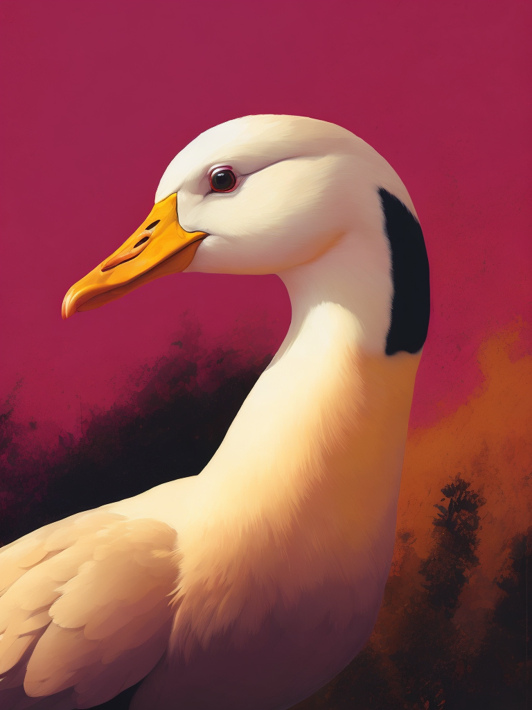 Highly detailed portrait of a white duck, by atey ghailan, by greg rutkowski, by greg tocchini, by james gilleard, by joe fenton, by kaethe butcher, gradient yellow, black, brown and magenta color scheme, grunge aesthetic!!! graffiti tag wall background