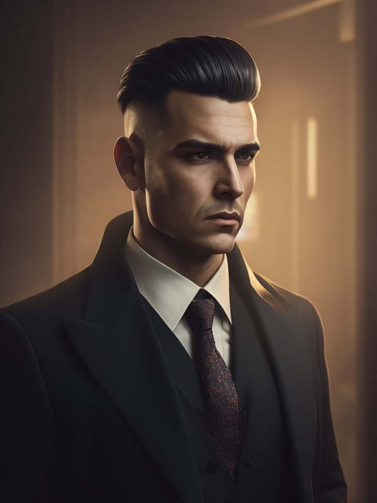 Portrait of a mafia boss in formal suit, Thick build, Hair slicked back, Aggressive look, Against a vintage interior, Subdued tones, Deep colors, contrasting light,