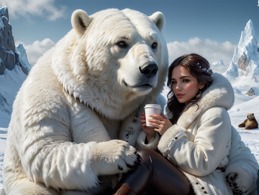portrait of young woman with dark hair sitting drinking coffee from a cup, wearing a thick white fur coat, friendly polar bear sitting right next to her with his paw resting on her shoulder, polar location, ice and snow, cold environment, highly detailed