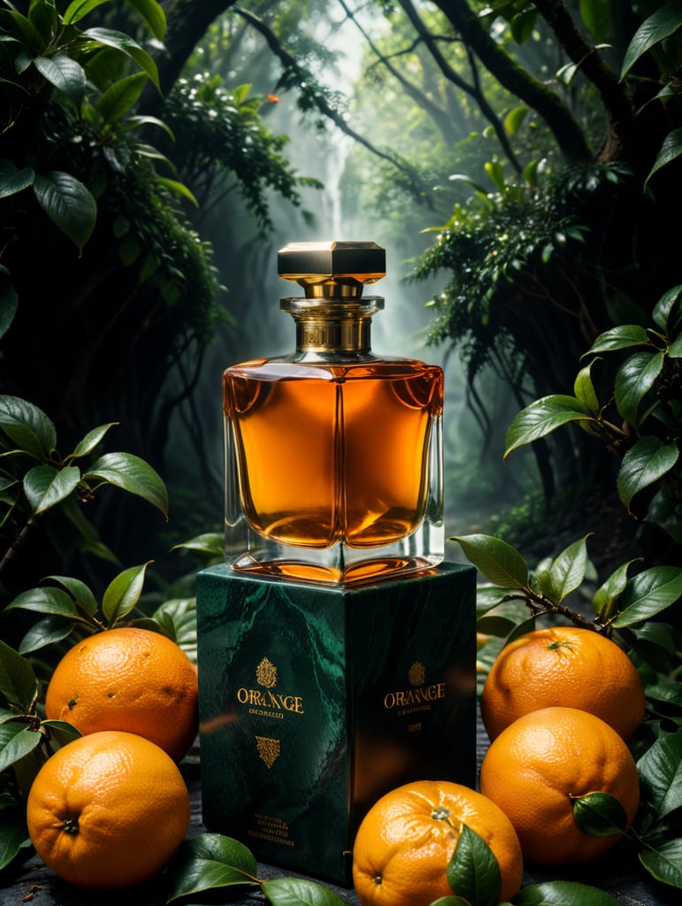 professional photography of a luxury perfume, orange fruits around, orange forest, green satin scarf, no label, clear, mockup