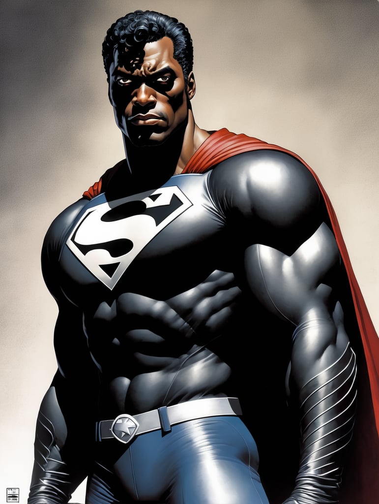 Black Superman, Hero Portrait, Comics, Marvel, Horror, USA, style of Richard Corben