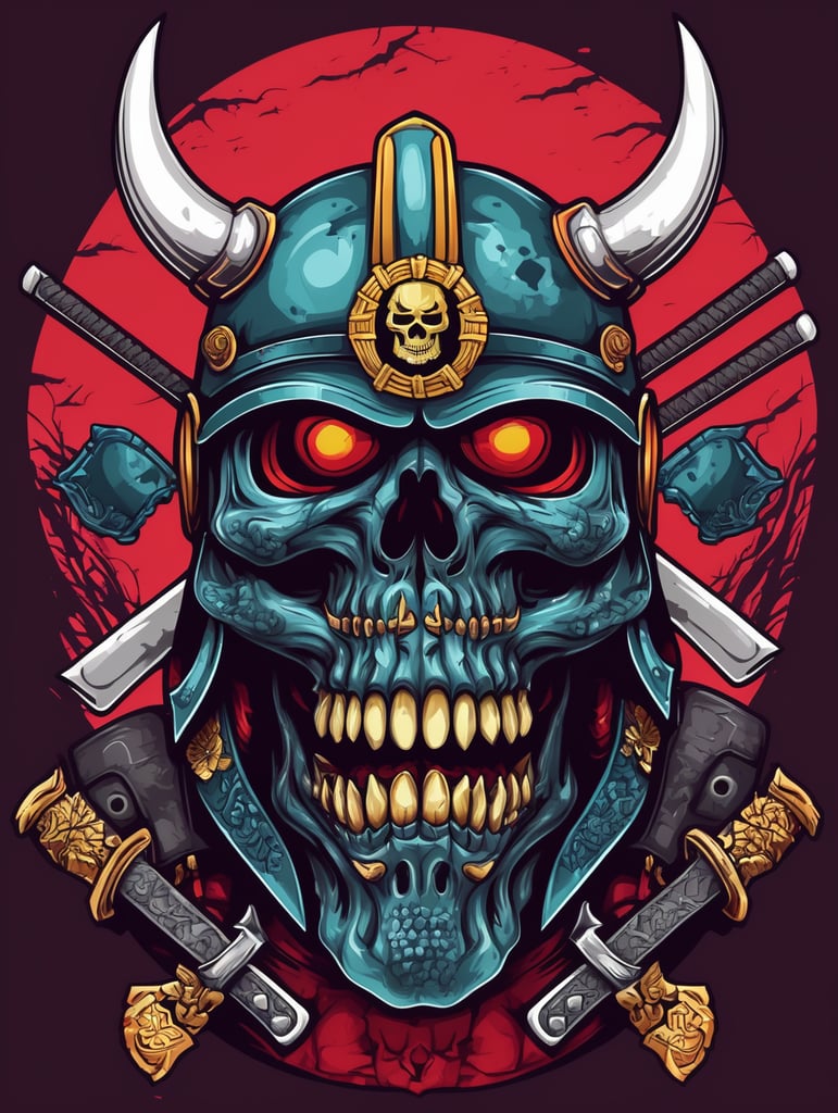 Zombie Skull with Japanese samurai helmet, mascot logo, e-gaming, bright colors, Gaming Logo, vector image