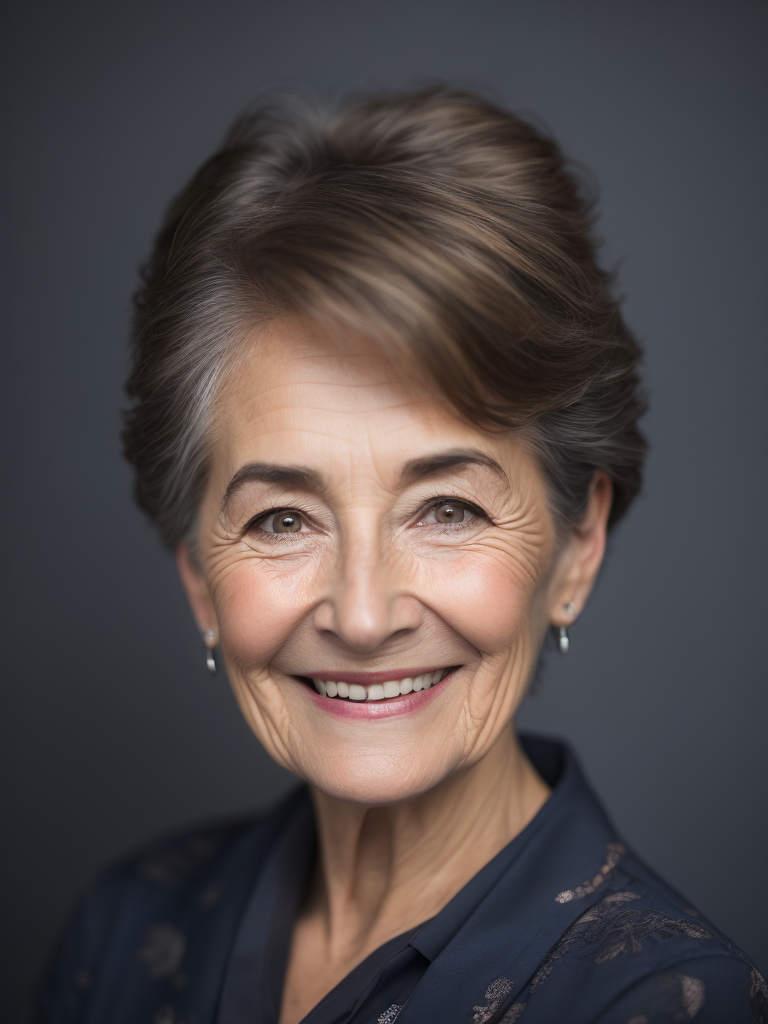 older woman smiling, not looking at camera, dark blue background