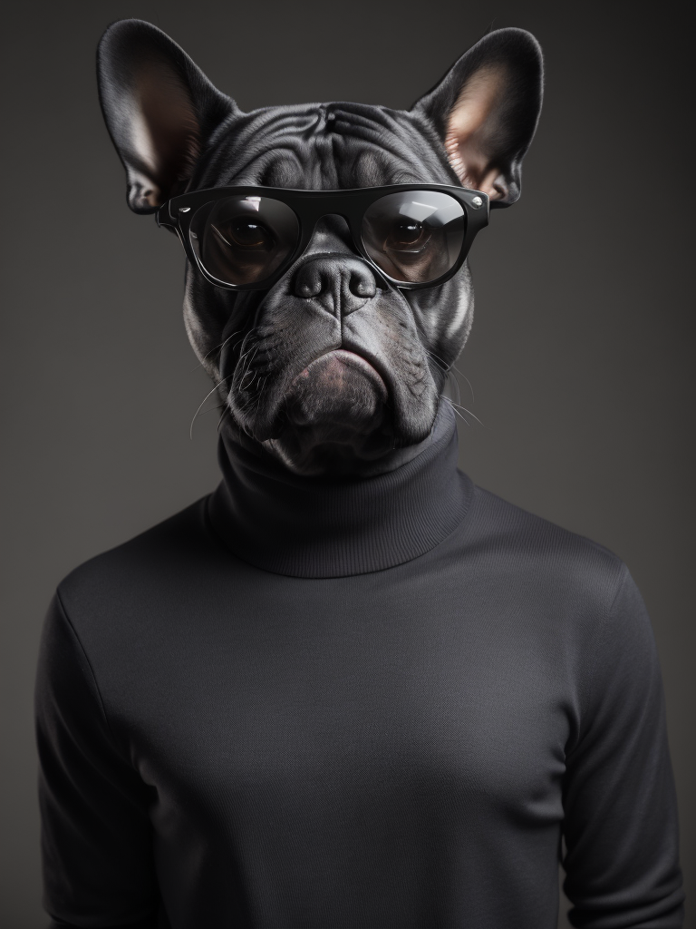 a young black french bulldog with white chin in a (((black turtle neck shirt Andy warhol style))) wearing Ray-Ban sunglasses. sharp focus, highly detailed, photorealistic photoreal: 1.4, lifelike,highly detailed CG unified 8K,looking at the viewer smiling, (HQ skin:1.4), 8k uhd, dslr, soft lighting, high quality, film grain, Fujifilm XT3. black turtle neck shirt