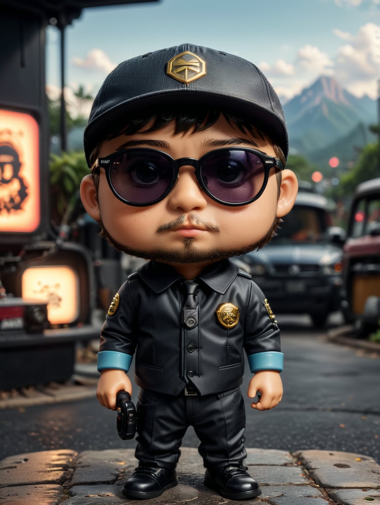 short haired bearded little boy with snap back on head and black glasses funko pop with Design emblem saying "atmost design " on his suit.