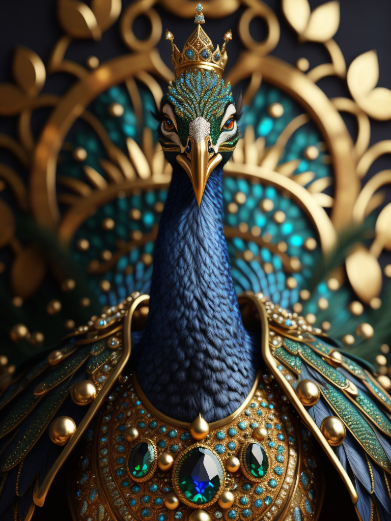 Magical king peacock wearing expensive jewelry that is magnificent, incredibly detailed, intricate, with brilliant bright shimmering sparkling glittering diamonds on glowing shining precious luminous gold, Royal rich luxurious