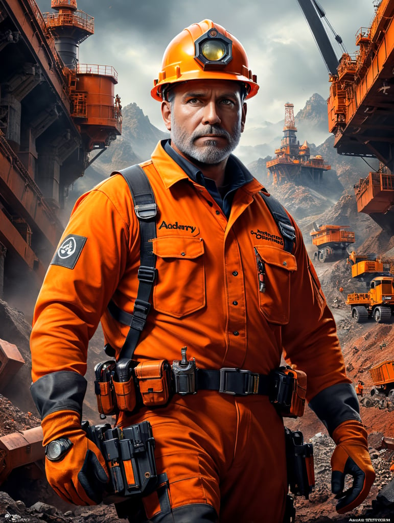 make a poster disney pixer, The contents of the poster are about a mining engineer wearing an orange safety uniform and the title of the poster is "Adaro"