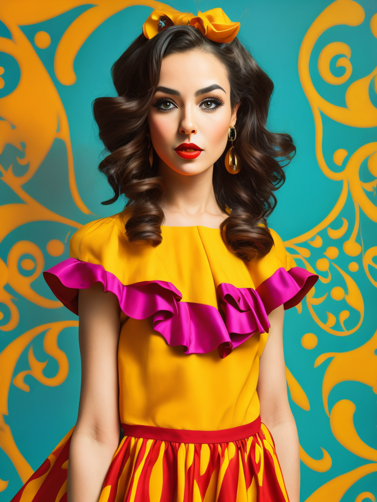 Portrait of a girl dressed in a bright dress, Bright colors, pin up style, 70s