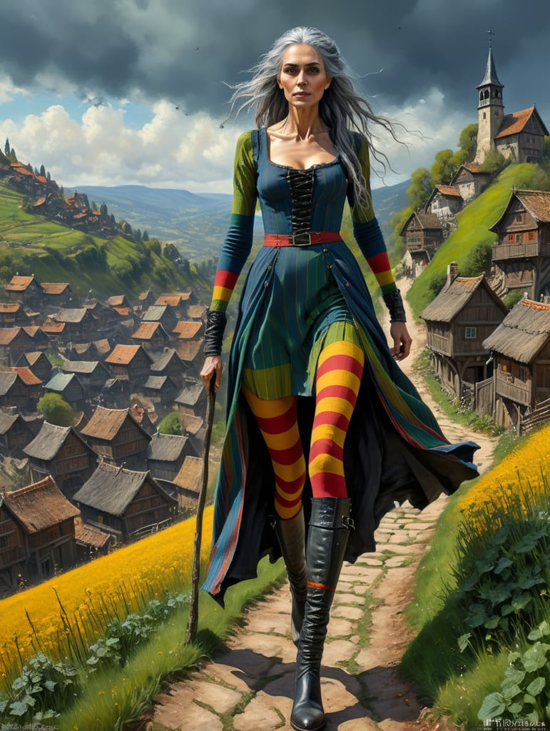 A very tall witch, old and ugly, skinny with long lank grey hair, a long nose wearing a long grubby black dress scruffy and torn, down to her calves and buttoned up to her throat. She wears striped leggings, blue and green stripes on one leg, red and yellow on the other leg, glimpsed under her dress and black boots. Striding up a hill with a medieval village viewed in the valley below. Flocks of crows circling in the sky.