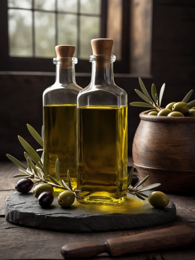 Quiero hacer una botella de aceite de oliva de 500 ml con una bebida de color aceite en su interior, llena hasta arriba con un tapón de madera. Sobre una mesa de madera deben colocarse una botella y unas ramas de olivo. Queremos que la marca sea fiel al antiguo estilo andaluz.