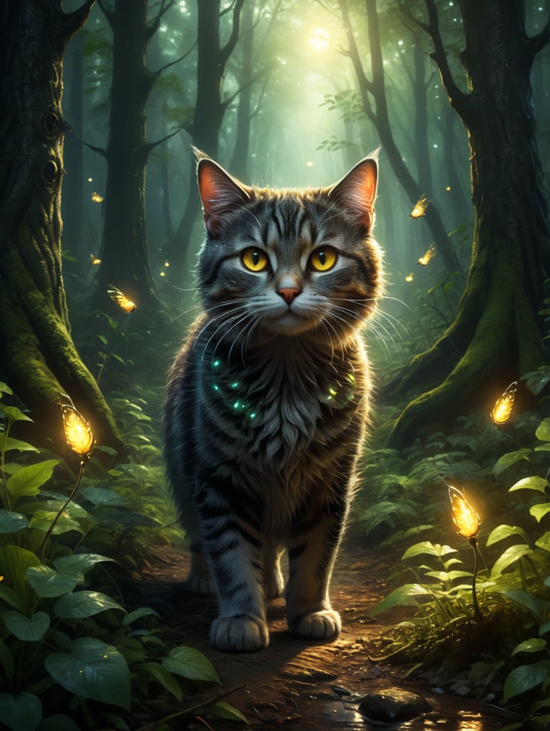 Cute cat walking in the mysterious woods. Mysterious light. Fantasy mysterious background. Fireflies. Cartoon style