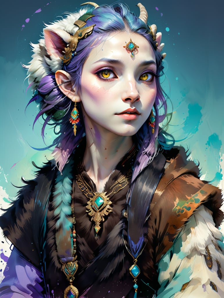 dnd, light purple or blue skin, animal features, fur, whisker eyebrows, goat eyes, sheep nose, firbolg wearing asian clothing, only one pair of ears, long floppy elf ears at the sides of head.