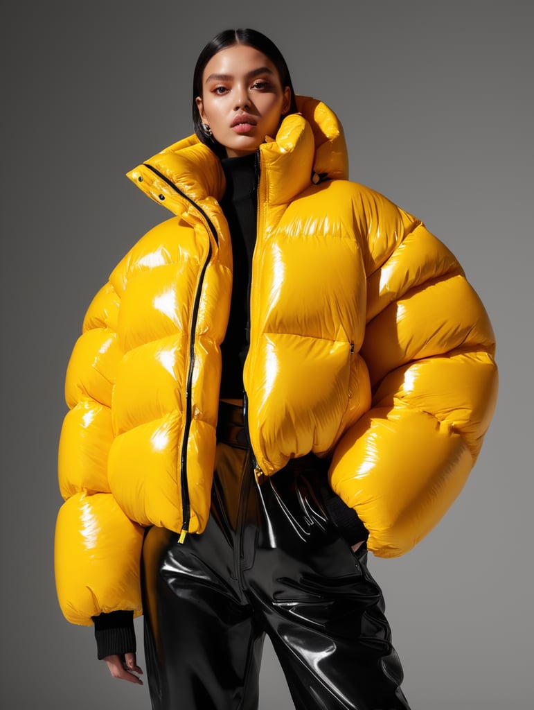 well lit fashion shoot portrait of extremely beautiful female wearing massively over size yellow puffer jacket by craig green, dingyun zhang, yeezy, balenciaga, vetements, sharp focus, clear, detailed, , cinematic, detailed, off white, glamourous, symmetrical, vogue, editorial, fashion, magazine shoot, glossy