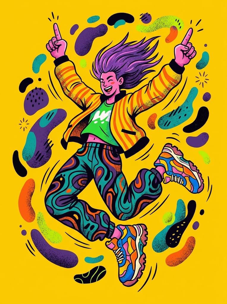 A dynamic vector illustration of a leaping figure with pink skin and purple hair pointing both index fingers upward, wearing a vibrant yellow striped jacket, green shirt, swirling patterned pants, and chunky colorful sneakers. Abstract organic blobs in dark purple, teal, and black float around the character against a solid yellow background, rendered with exaggerated proportions, flat vibrant colors, and grainy stippled shading.