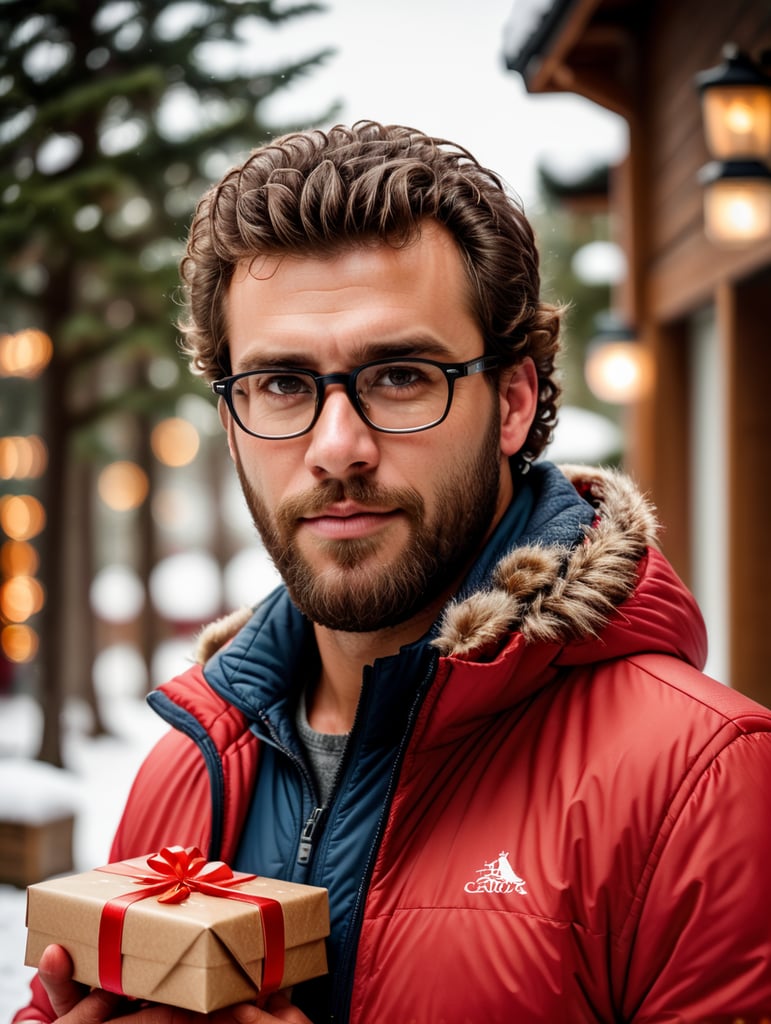 portrait of a bearded curly man wearing red puffer jacket, reeding glasses, stands front camera with gift box his hand, snowy weather, Christmas time, blurry background