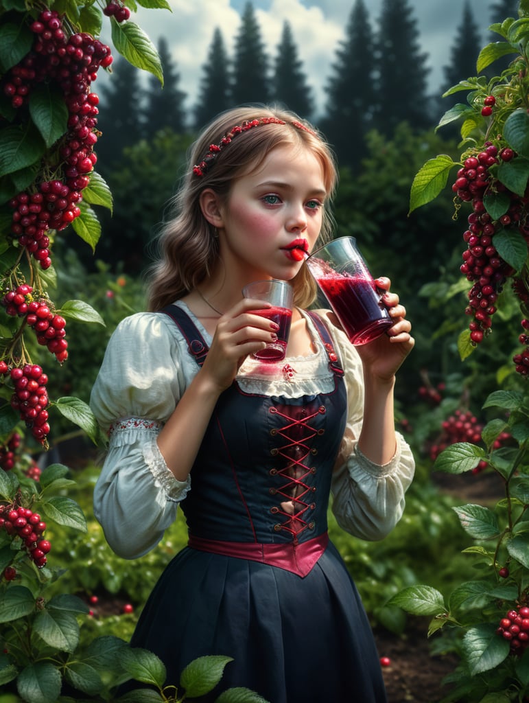 A full-length photograph of a girl drinking cranberry juice in a berry garden.