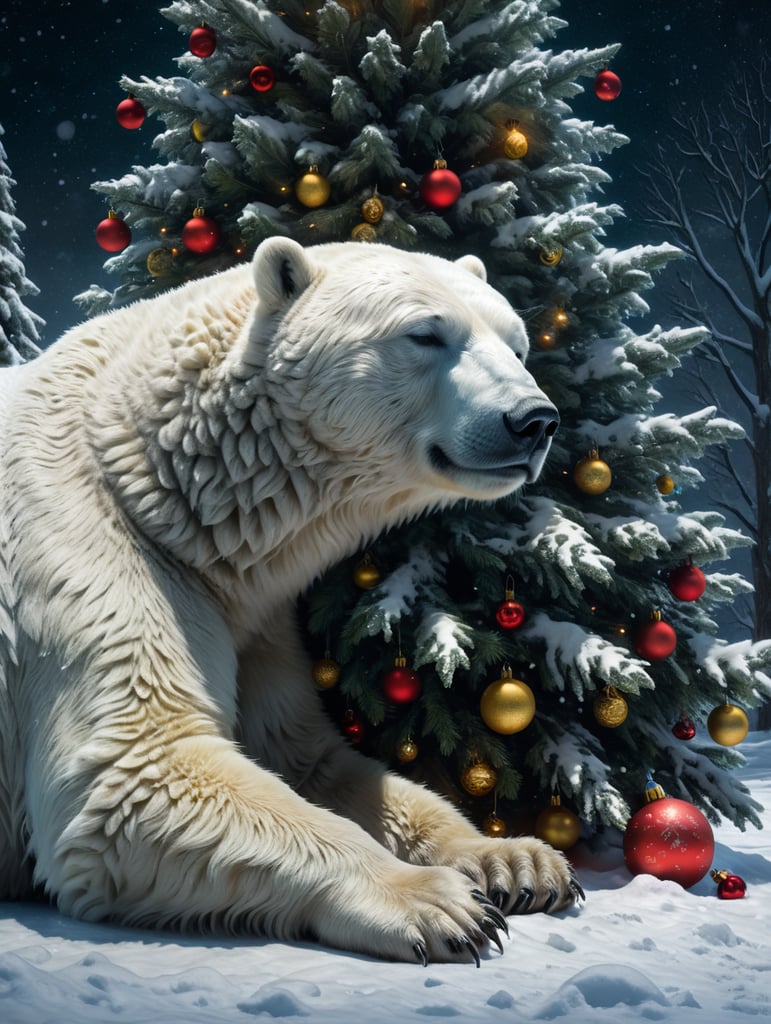 Polar bear, sleeping next to a Christmas tree in the snow