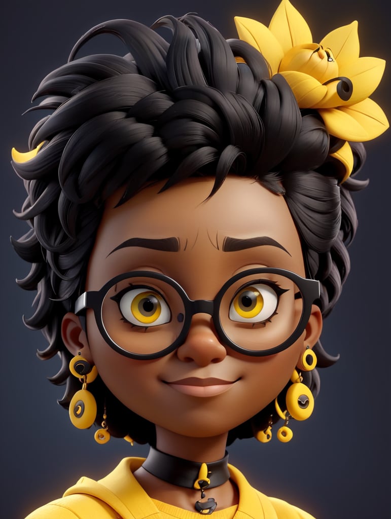 graphic designer, black skin, creative, piercing, glasses, black and yellow colors